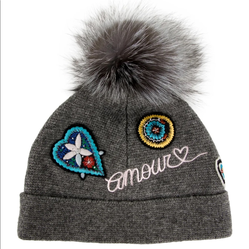 Cinq A Sept Women Wool Grey Fur Pompom Embellished Beanie Hat One Size